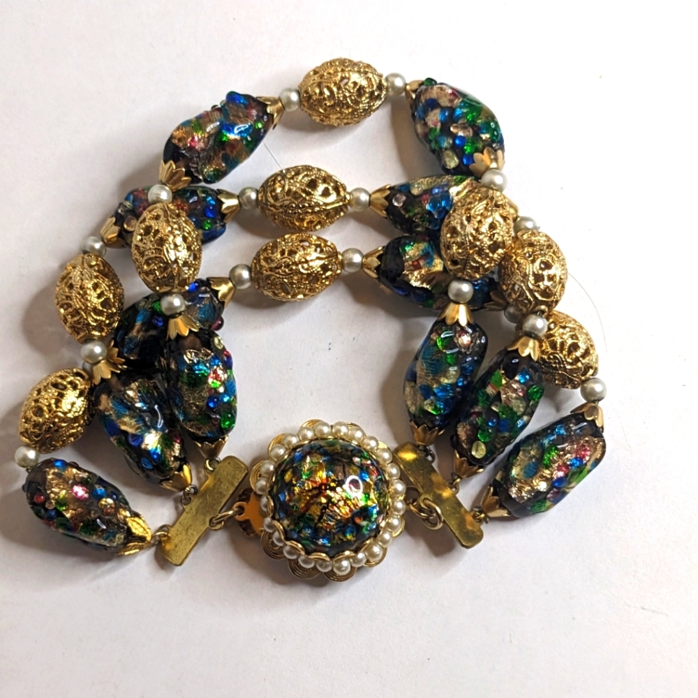 Vintage Napier Signed Beaded Bracelet – Foil Glass & Filigree Beads RARE - Picture 3 of 11